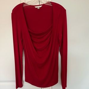 Red CAbi #460 drape-neck top with long sleeves, size Medium